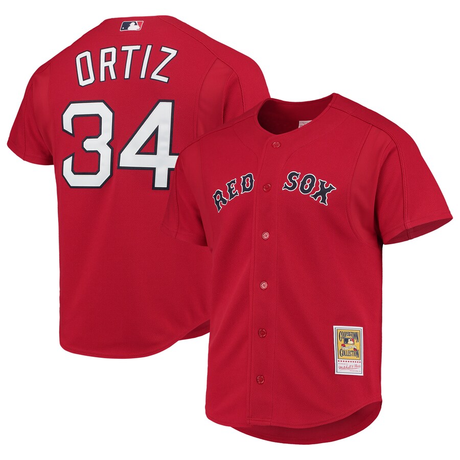 Men's Boston Red Sox David Ortiz Mitchell & Ness Red Cooperstown Collection Mesh Batting Practice Button-Up Jersey - U-jersey