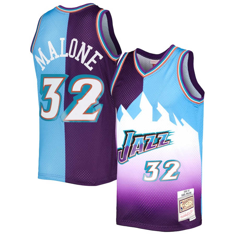 Men's Utah Jazz Karl Malone Mitchell & Ness Purple/Turquoise Hardwood Classics 1996/97 Split Swingman Jersey - U-jersey