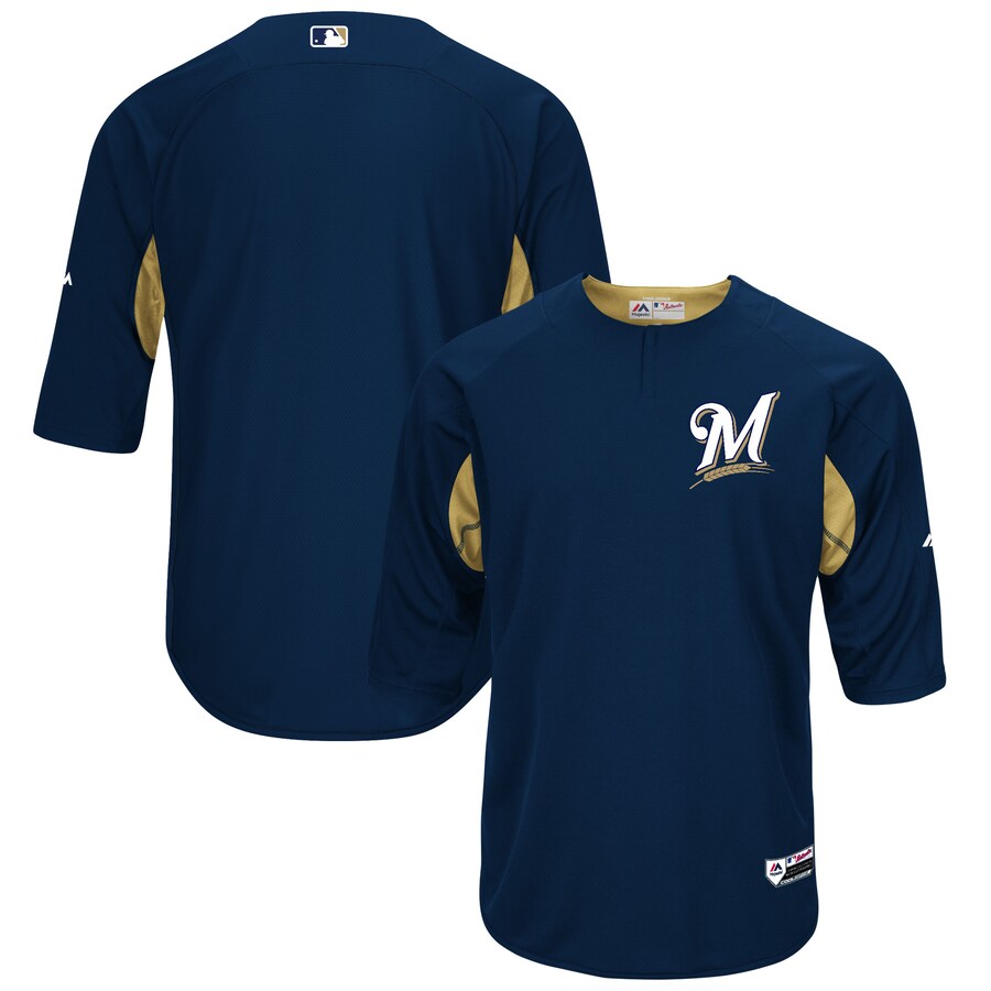 Men's Milwaukee Brewers Majestic Navy/Gold Authentic Collection On-Field 3/4-Sleeve Batting Practice Jersey - U-jersey