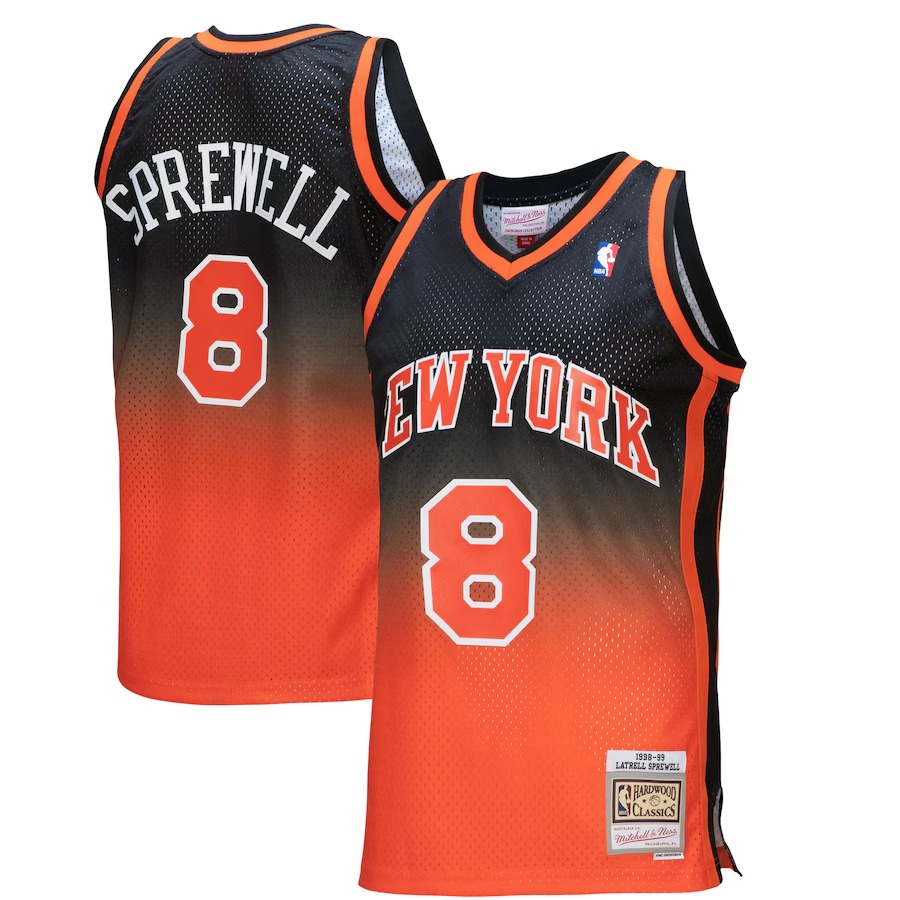 Men's New York Knicks Latrell Sprewell Mitchell & Ness Orange/Black 1998/99 Hardwood Classics Fadeaway Swingman Player Jersey - U-jersey