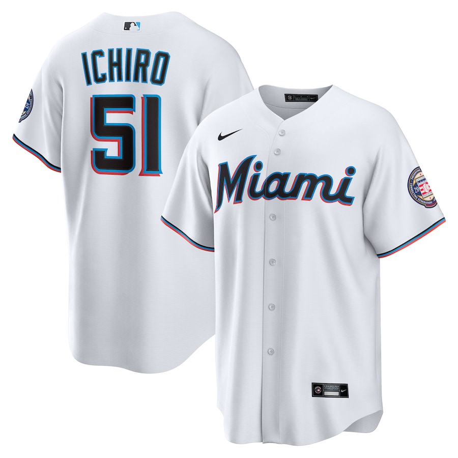 Men's Miami Marlins Ichiro Suzuki Nike White 2025 Baseball Hall of Fame Name & Number Retired Replica Jersey - U-jersey