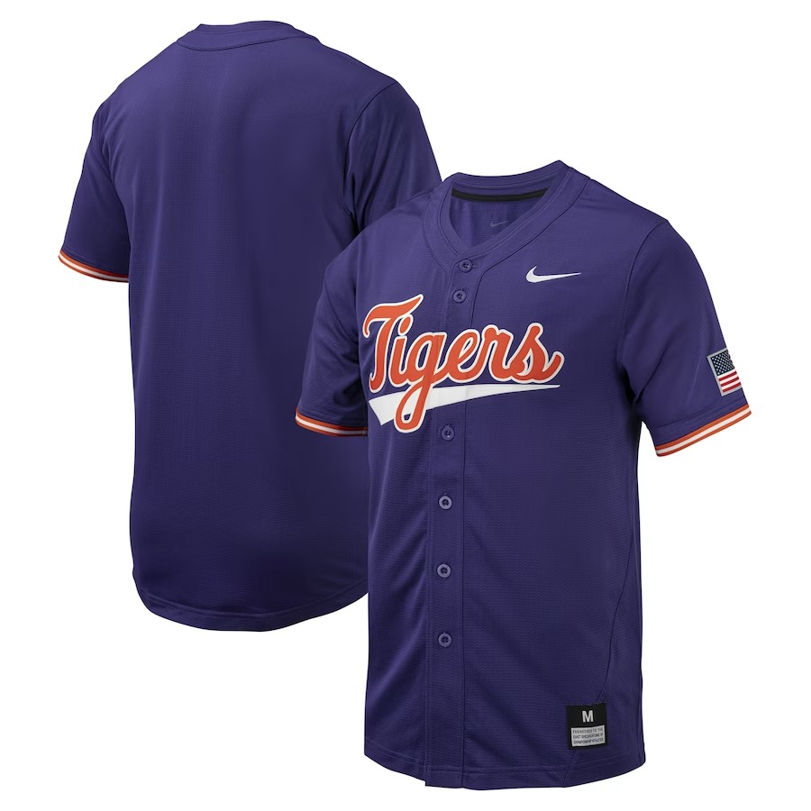 Clemson Tigers Nike Replica Full-Button Baseball Jersey - Purple - U-jersey