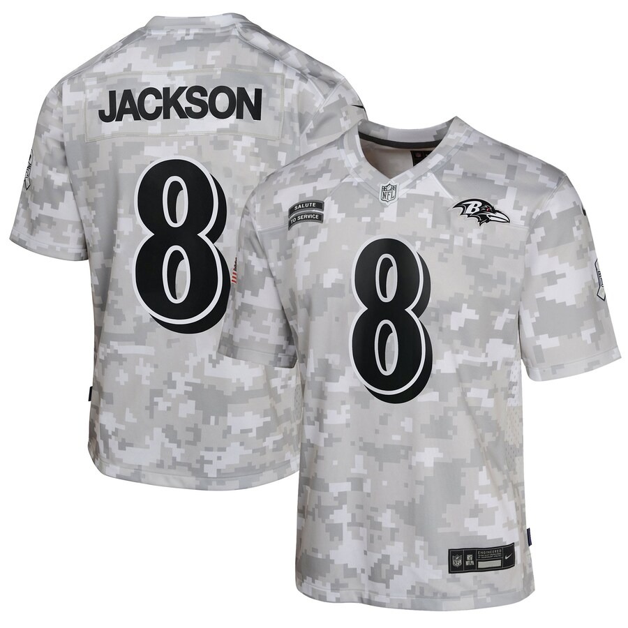 Youth Baltimore Ravens Lamar Jackson Nike Arctic Camo 2024 Salute to Service Game Jersey - U-jersey