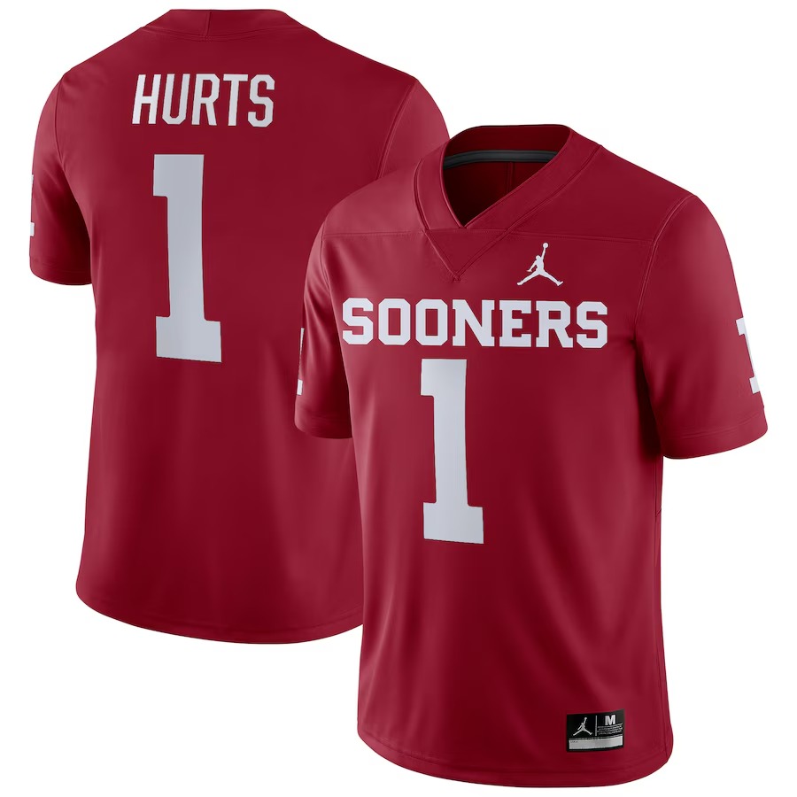 Men's Jordan Brand Jalen Hurts Crimson Oklahoma Sooners Player Game Jersey - U-jersey