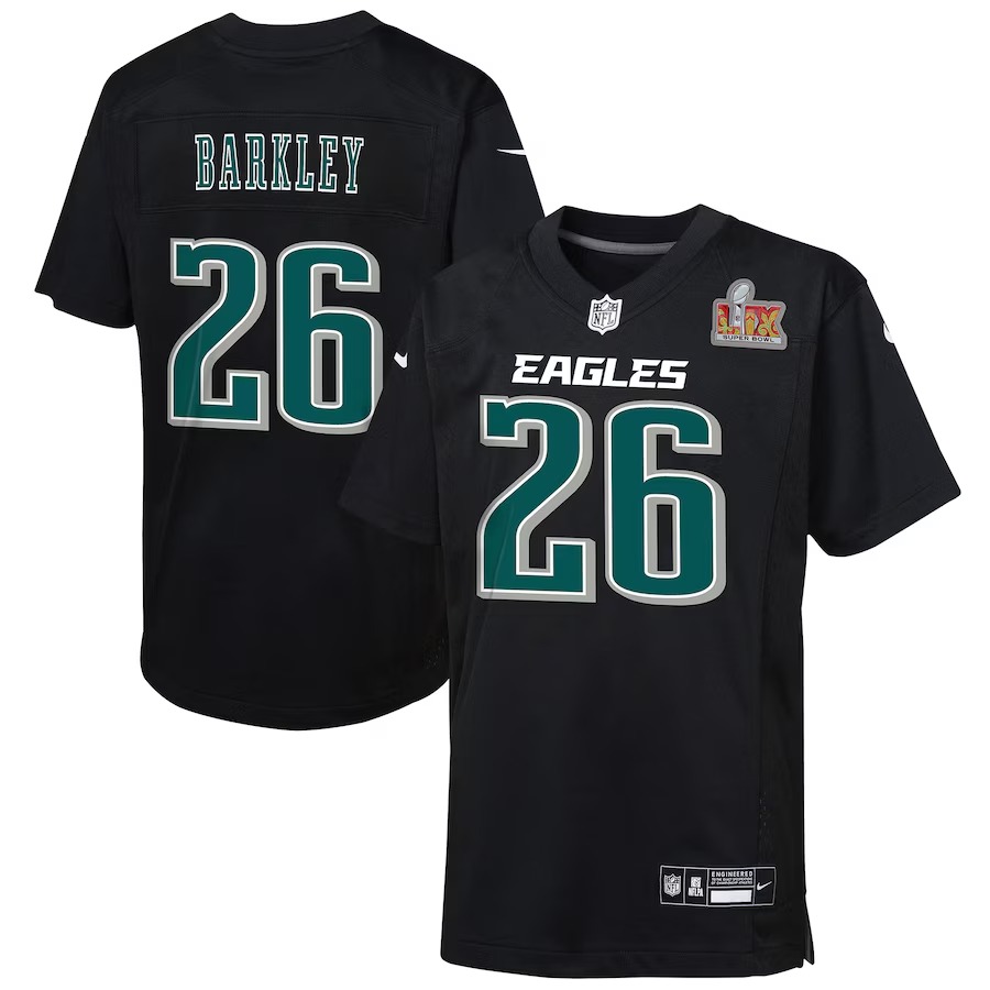 Youth Philadelphia Eagles Saquon Barkley Nike Carbon Black Super Bowl LIX Patch Fashion Game Player Jersey - U-jersey
