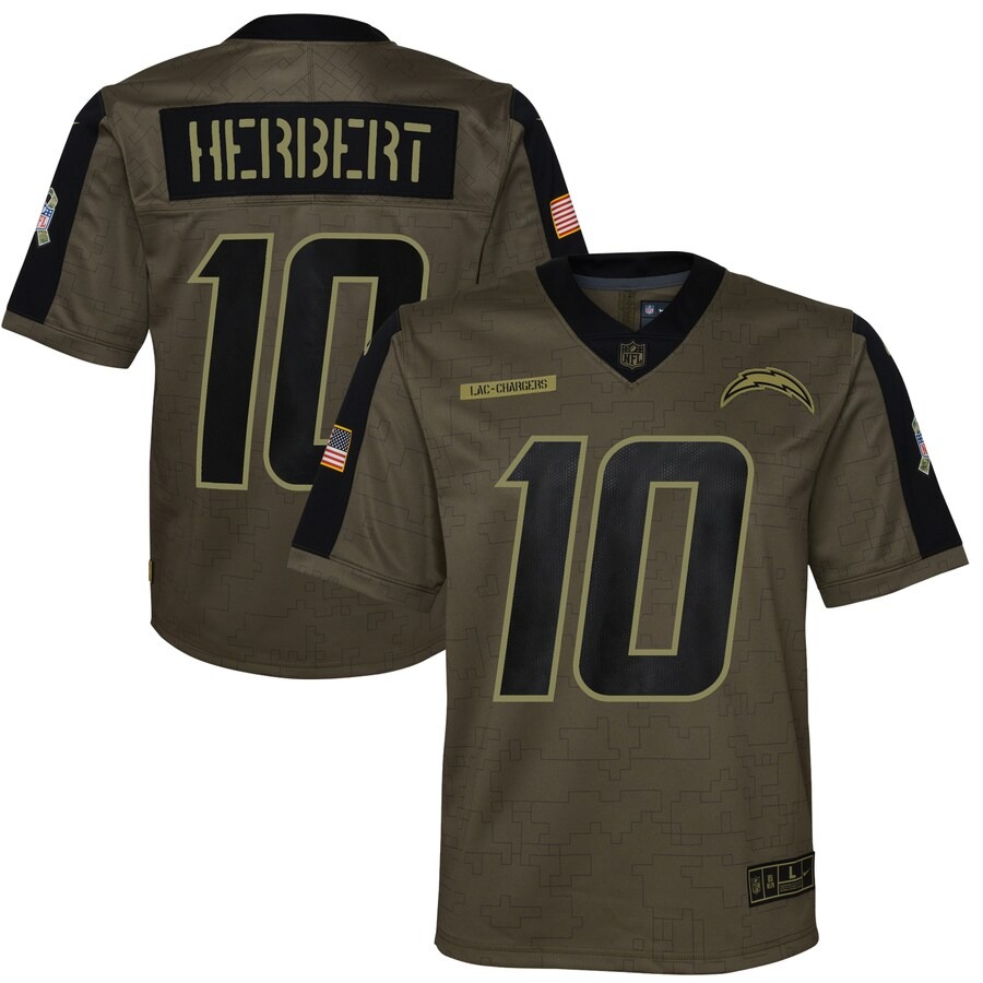 Youth Dallas Los Angeles Chargers Justin Herbert Nike Olive Salute To Service Game Jersey - U-jersey