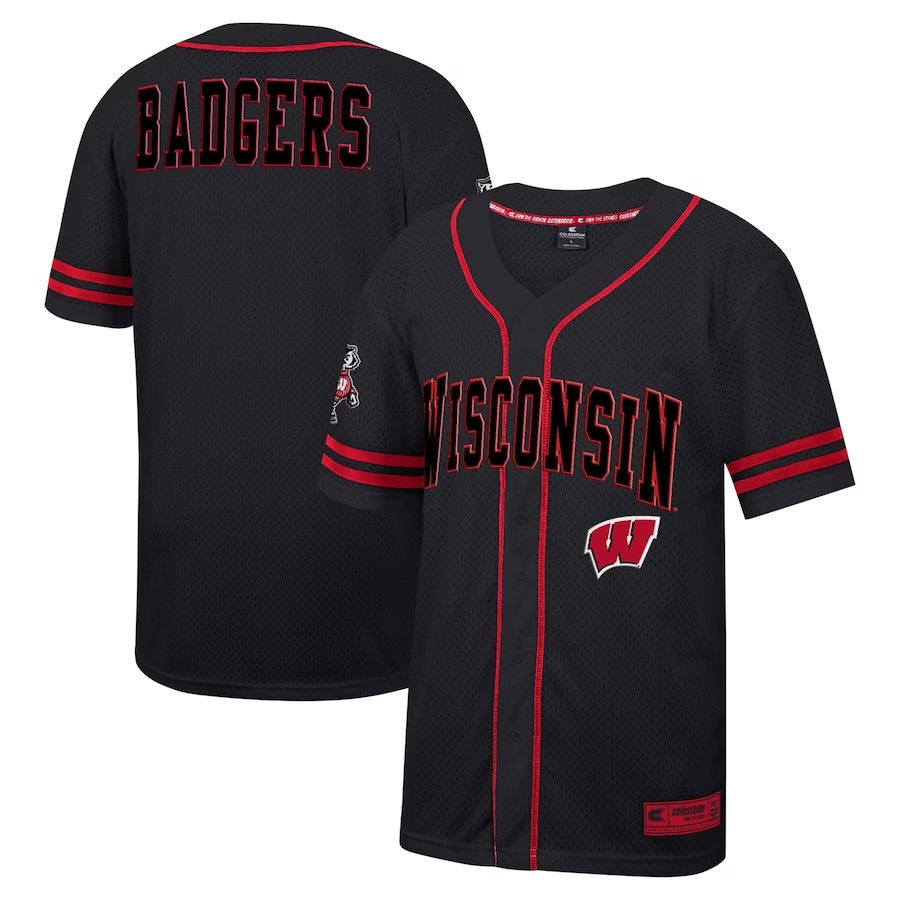 Wisconsin Badgers Colosseum Free Spirited Mesh Button-Up Baseball Jersey - Black - U-jersey