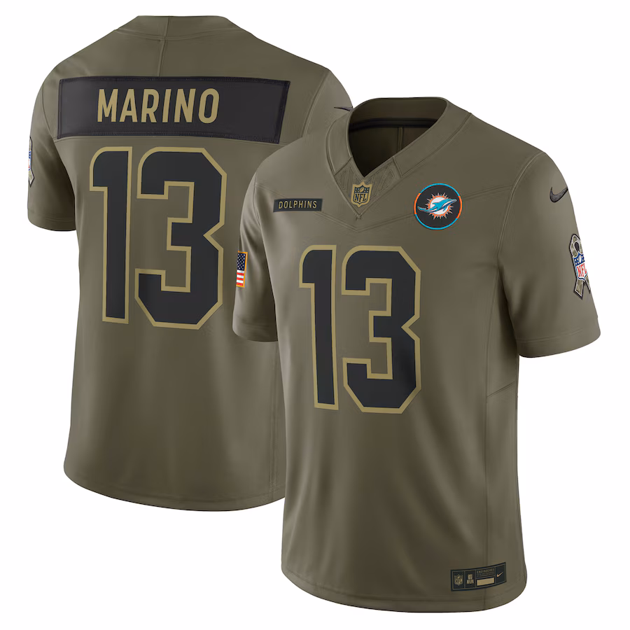 Men's Miami Dolphins Dan Marino Nike Olive 2025 Salute to Service Retired Limited Jersey - U-jersey