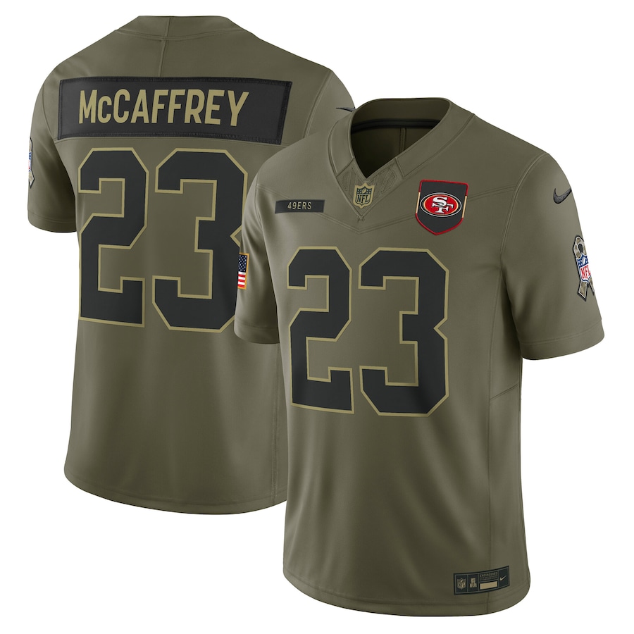 Men's San Francisco 49ers Christian McCaffrey Nike Olive 2025 Salute to Service Limited Jersey - U-jersey