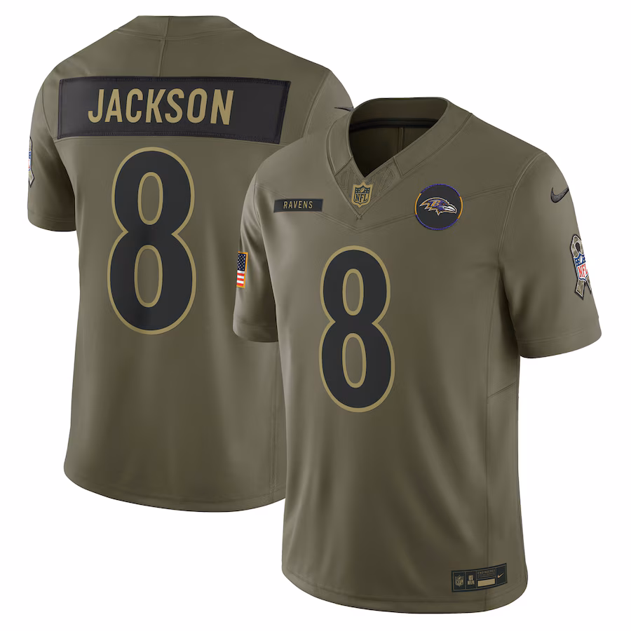 Men's Baltimore Ravens Lamar Jackson Nike Olive 2025 Salute to Service Limited Jersey - U-jersey