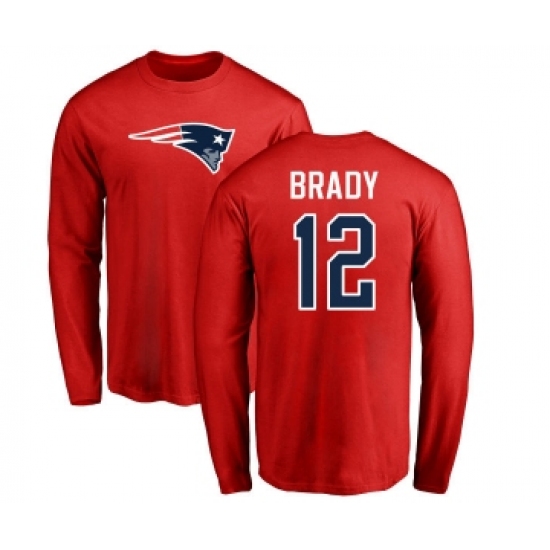 Football New England Patriots #12 Tom Brady Red Name & Number Logo Long Sleeve T-Shirt - U-jersey