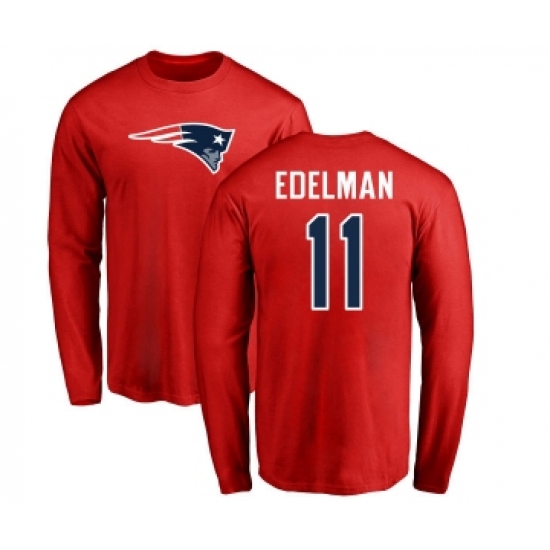 Football New England Patriots #11 Julian Edelman Red Name & Number Logo Long Sleeve T-Shirt - U-jersey