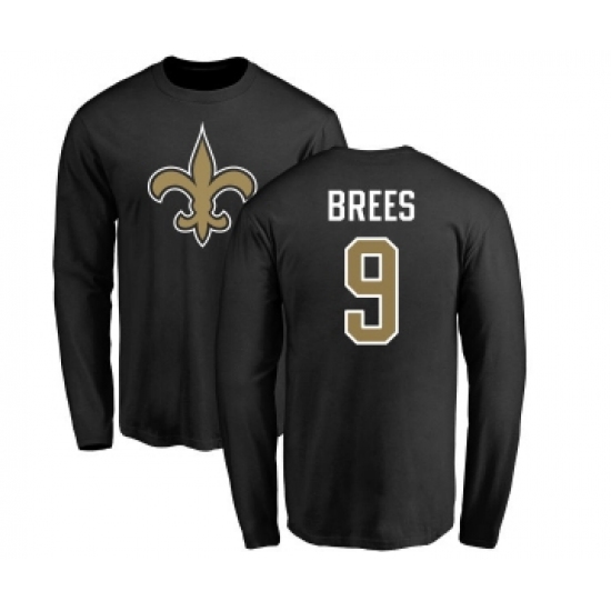 Football New Orleans Saints #9 Drew Brees Black Name & Number Logo Long Sleeve T-Shirt - U-jersey