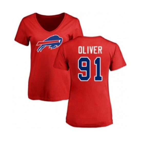 Football Women's Buffalo Bills #91 Ed Oliver Red Name & Number Logo T-Shirt - U-jersey