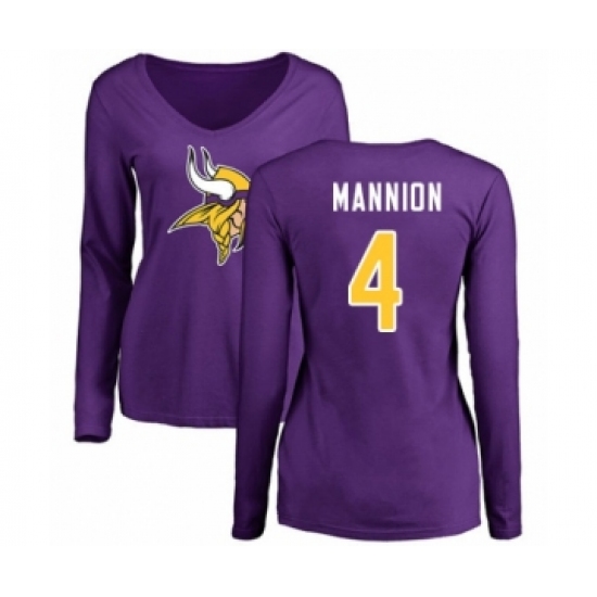 Football Women's Minnesota Vikings #4 Sean Mannion Purple Name & Number Logo Slim Fit Long Sleeve T-Shirt - U-jersey