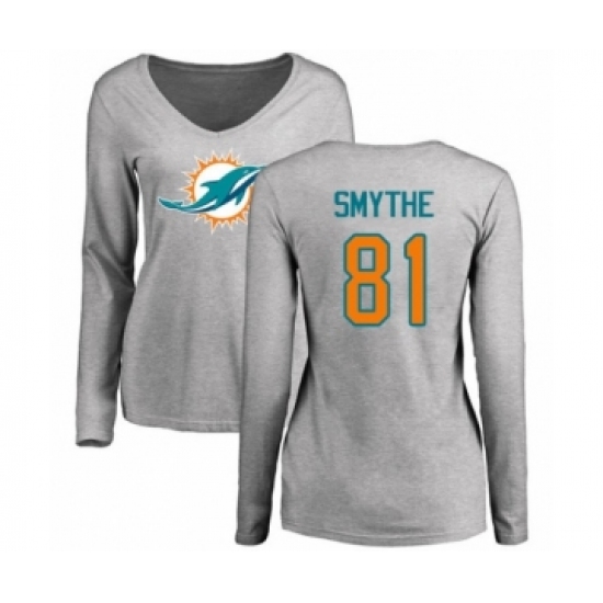 Football Women's Miami Dolphins #81 Durham Smythe Ash Name & Number Logo Long Sleeve T-Shirt - U-jersey