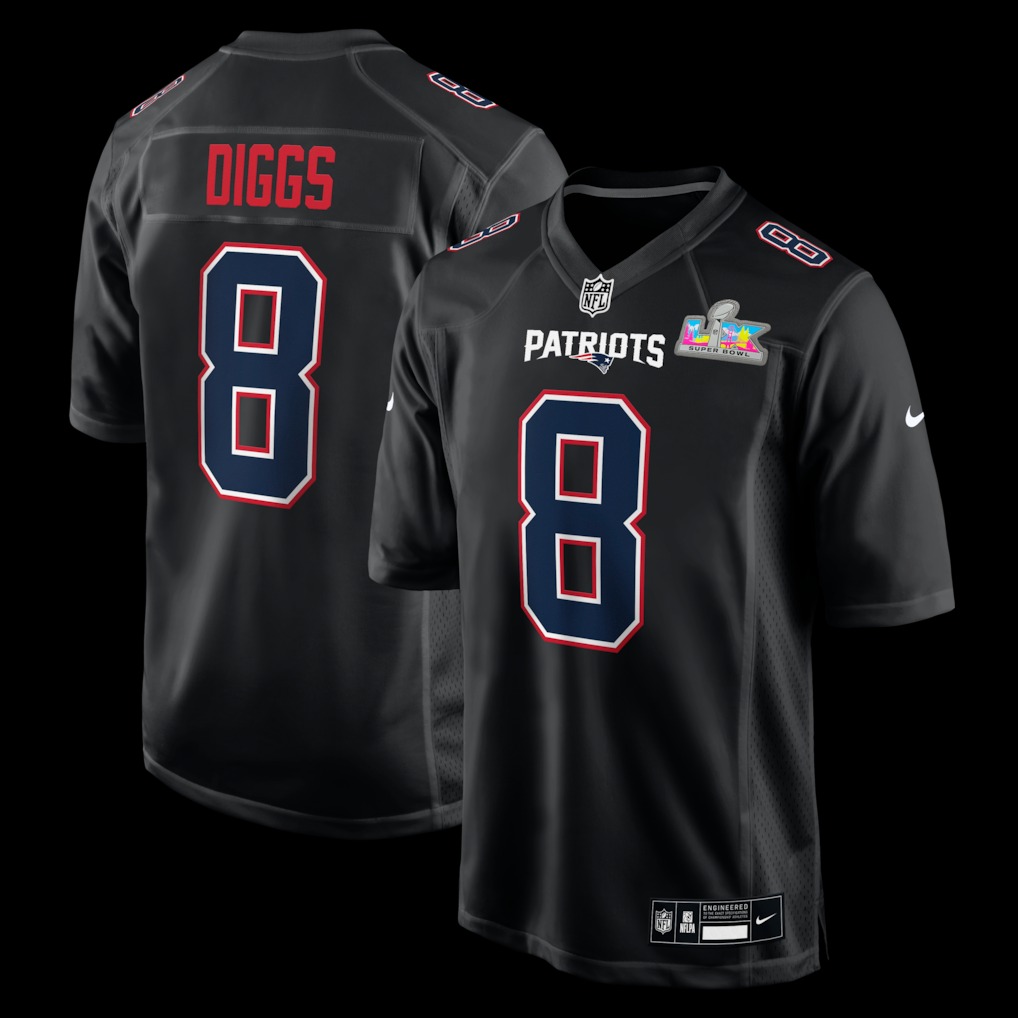 Men's New England Patriots Stefon Diggs Nike Black Super Bowl LX Patch Carbon Fashion Game Jersey - U-jersey