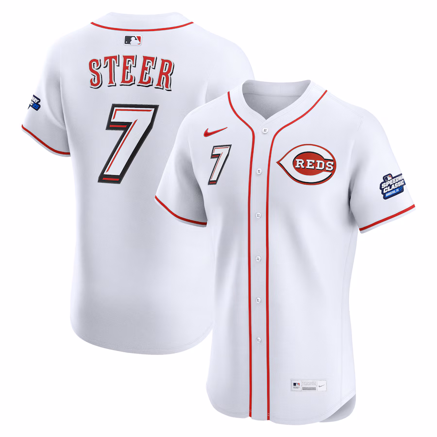 Men's Cincinnati Reds Spencer Steer Nike White 2025 MLB Speedway Classic Home Elite Player Jersey