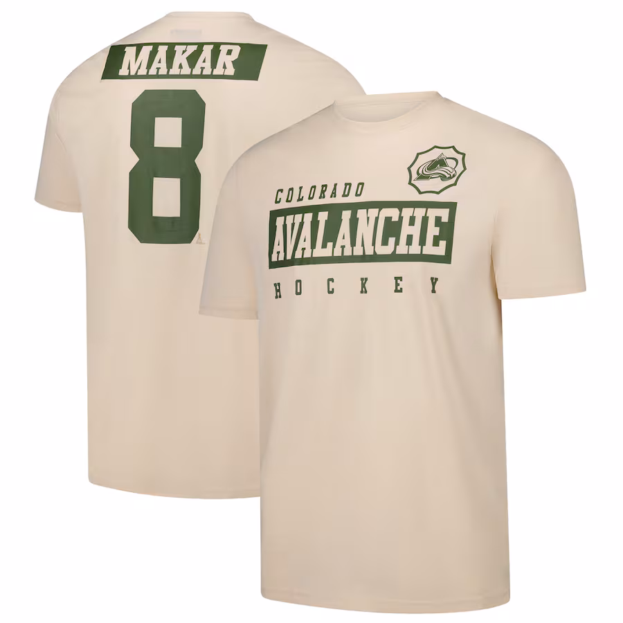 Men's Colorado Avalanche Cale Makar Levelwear Khaki 2024 NHL Military Appreciation Richmond Delta Player Name & Number T-Shirt