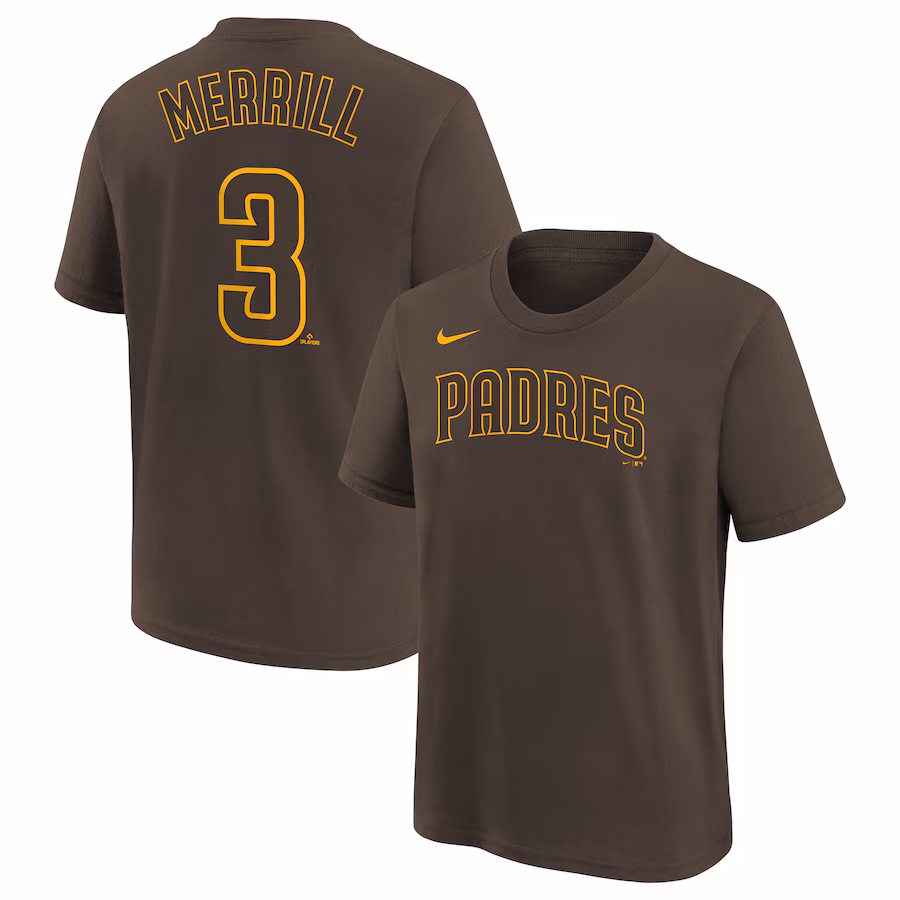 Youth San Diego Padres Jackson Merrill Nike Brown Player Name & Number T-Shirt