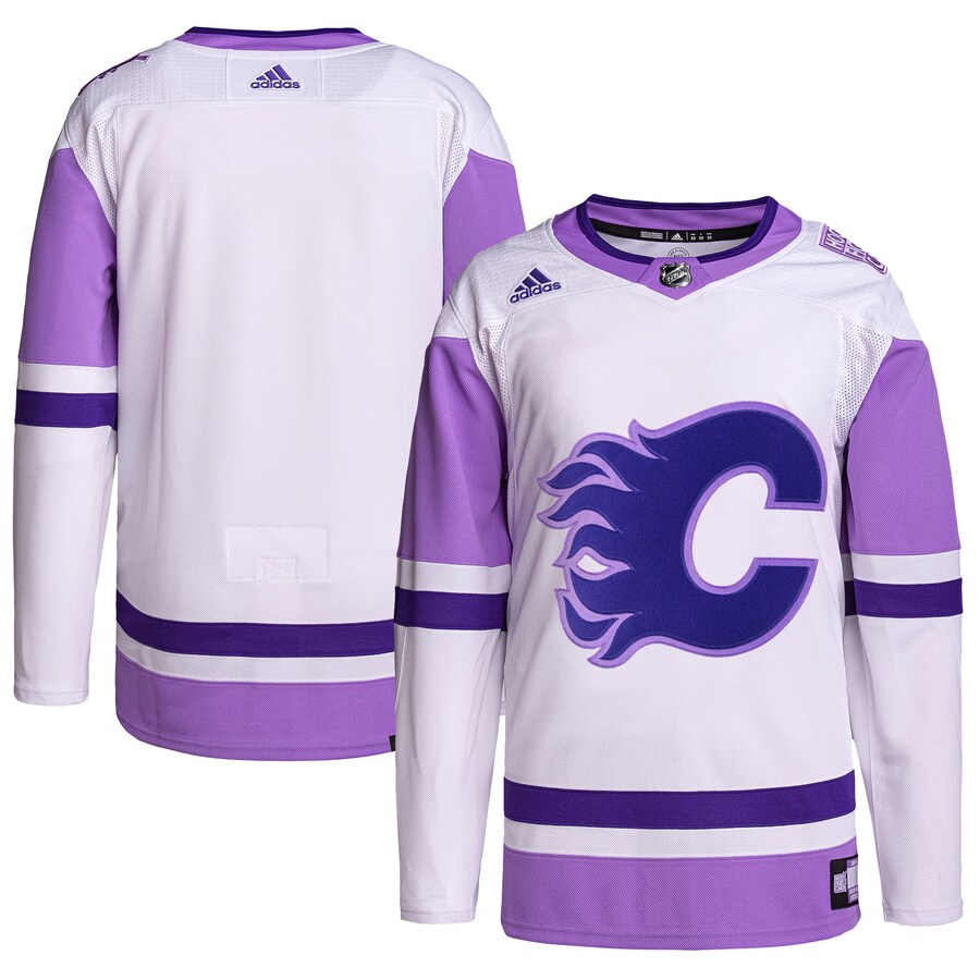 Men's Calgary Flames adidas White/Purple Hockey Fights Cancer Primegreen Authentic Blank Practice Jersey
