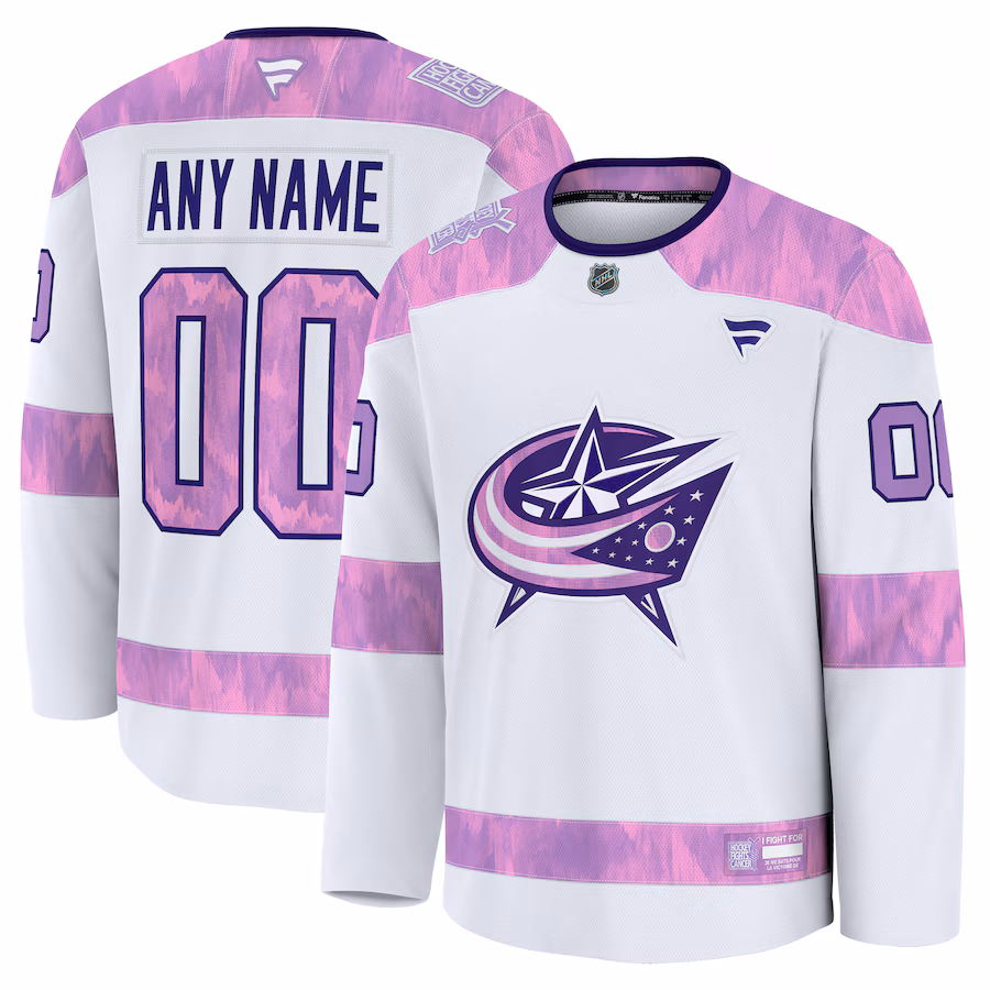 Men's Columbus Blue Jackets Fanatics White 2024 Hockey Fights Cancer Custom Practice Jersey