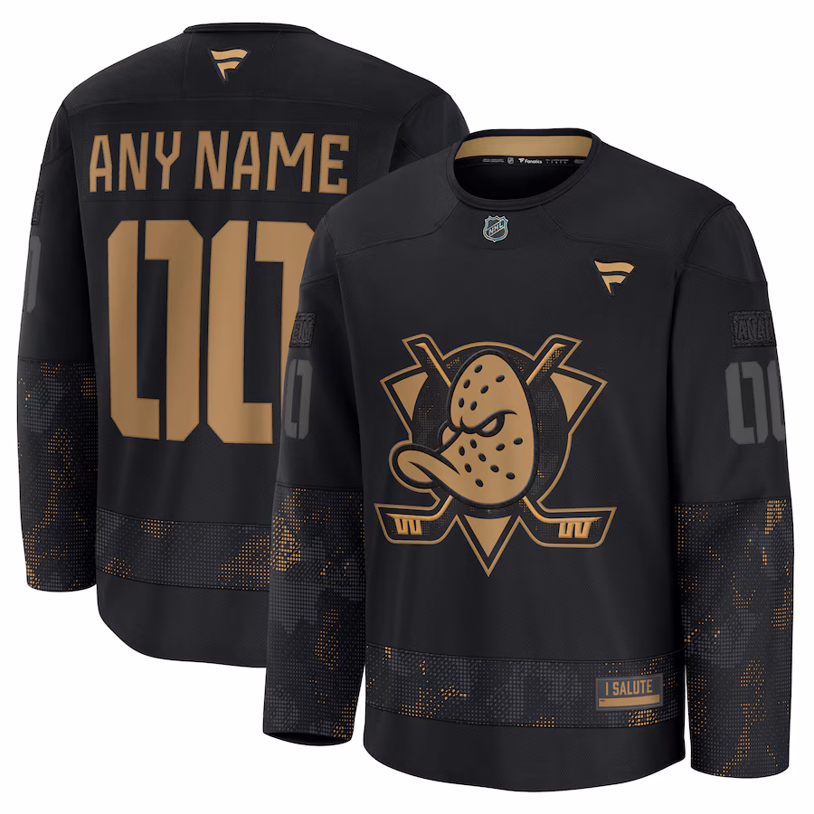 Men's Anaheim Ducks Fanatics Black 2024 Military Appreciation Personalized Long Sleeve Practice Jersey