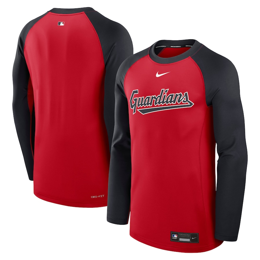 Men's Cleveland Guardians Nike Red/Navy Authentic Collection Game Time Raglan Performance Long Sleeve T-Shirt