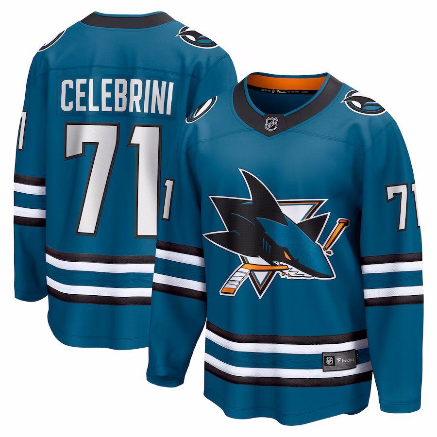 Men's San Jose Sharks Macklin Celebrini Fanatics Teal Home Breakaway Jersey