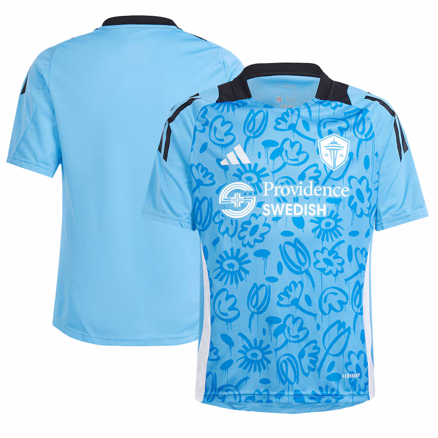 Youth Seattle Sounders FC adidas Blue 2024 One Planet Pre-Match Top