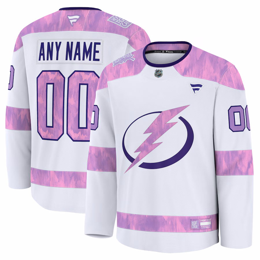 Men's Tampa Bay Lightning Fanatics White 2024 Hockey Fights Cancer Custom Practice Jersey