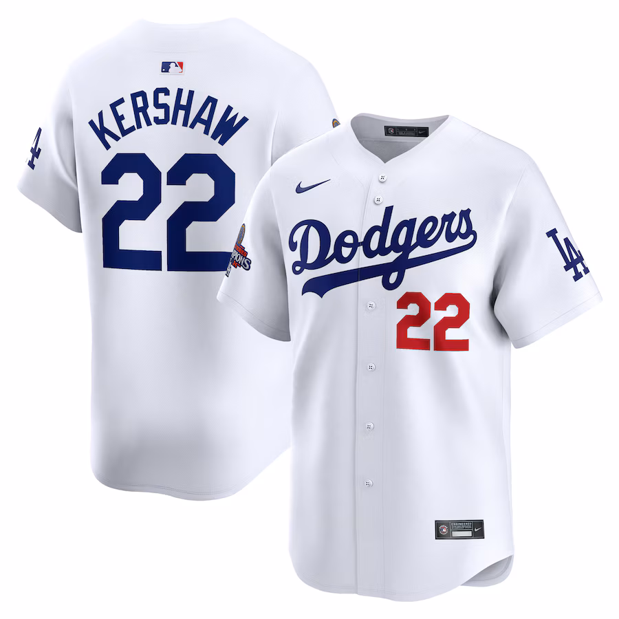 Men's Los Angeles Dodgers Clayton Kershaw Nike White 2024 World Series Champions Home Limited Player Jersey