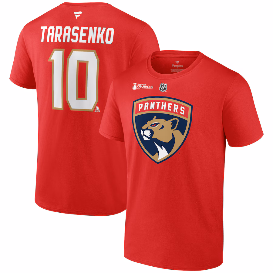 Men's Florida Panthers Vladimir Tarasenko Fanatics Red 2024 Stanley Cup Champions Authentic Stack Name & Number T-Shirt