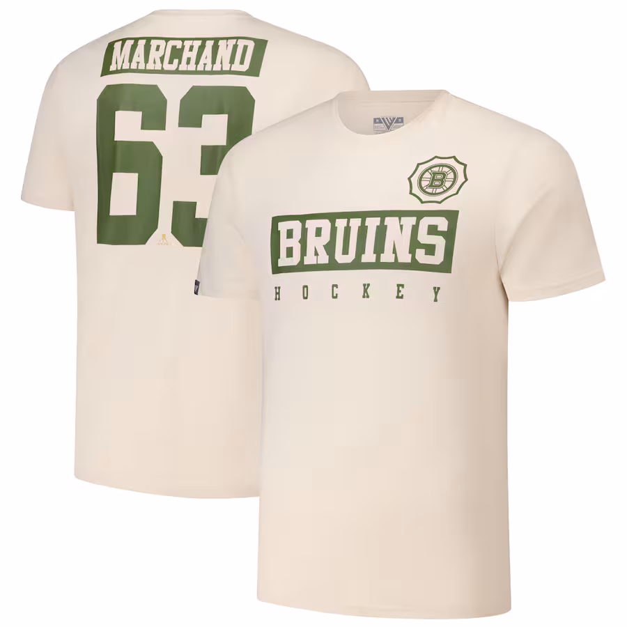 Men's Boston Bruins Brad Marchand Levelwear Khaki 2024 NHL Military Appreciation Richmond Delta Player Name & Number T-Shirt