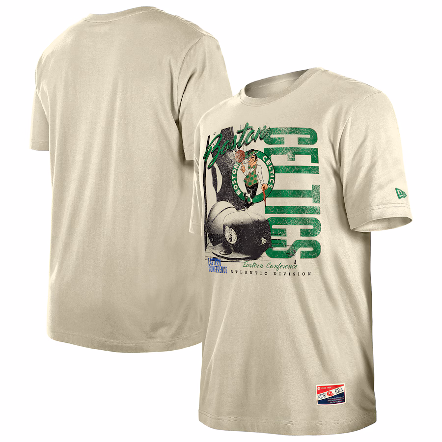 Men's Boston Celtics  New Era Cream Distressed Throwback Vintage Color Pack T-Shirt