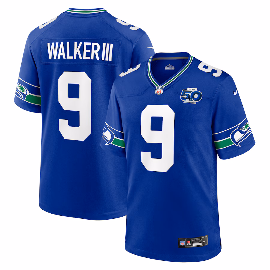 Men's Seattle Seahawks Kenneth Walker III Nike Royal Alternate 2 50th Season Game Jersey