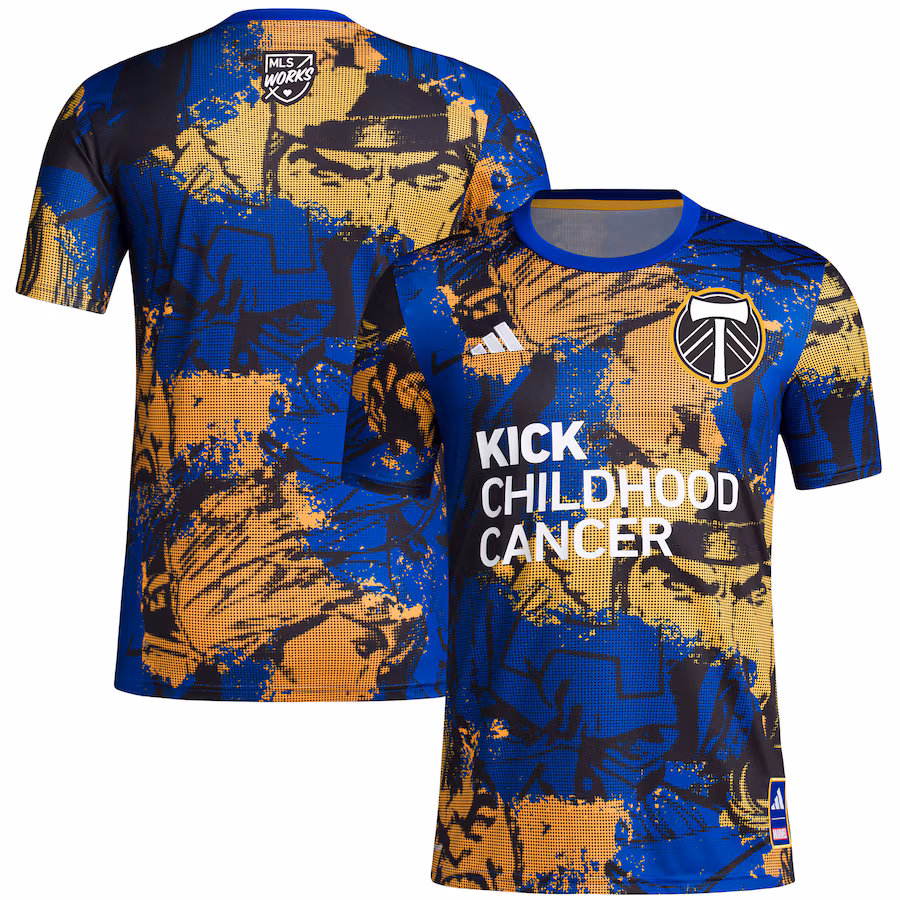 Men's Portland Timbers adidas Royal 2023 MLS Works Kick Childhood Cancer x Marvel Pre-Match Top