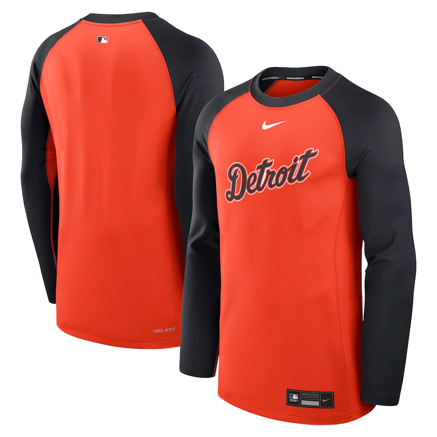 Men's Detroit Tigers Nike Orange/Navy Authentic Collection Game Time Raglan Performance Long Sleeve T-Shirt