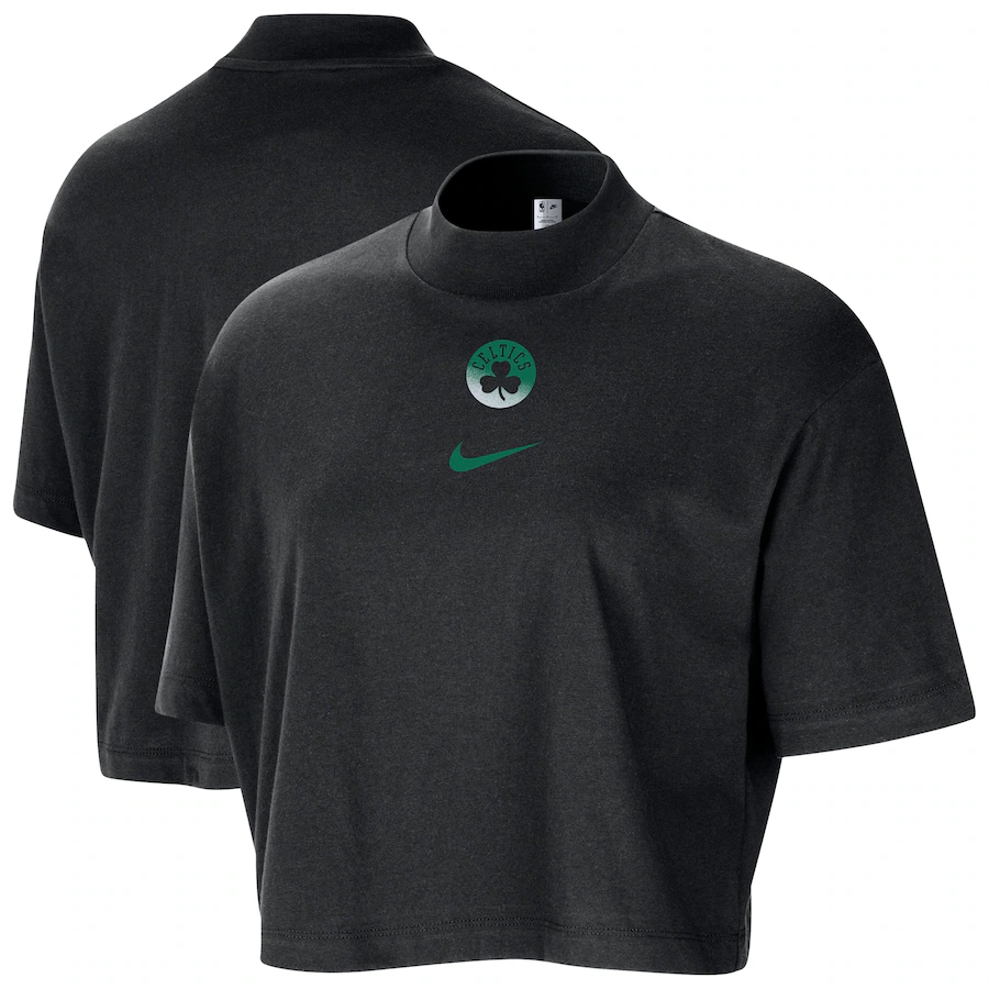 Women's Boston Celtics Nike Black Courtside Mock Neck Loose Fit Cropped T-Shirt