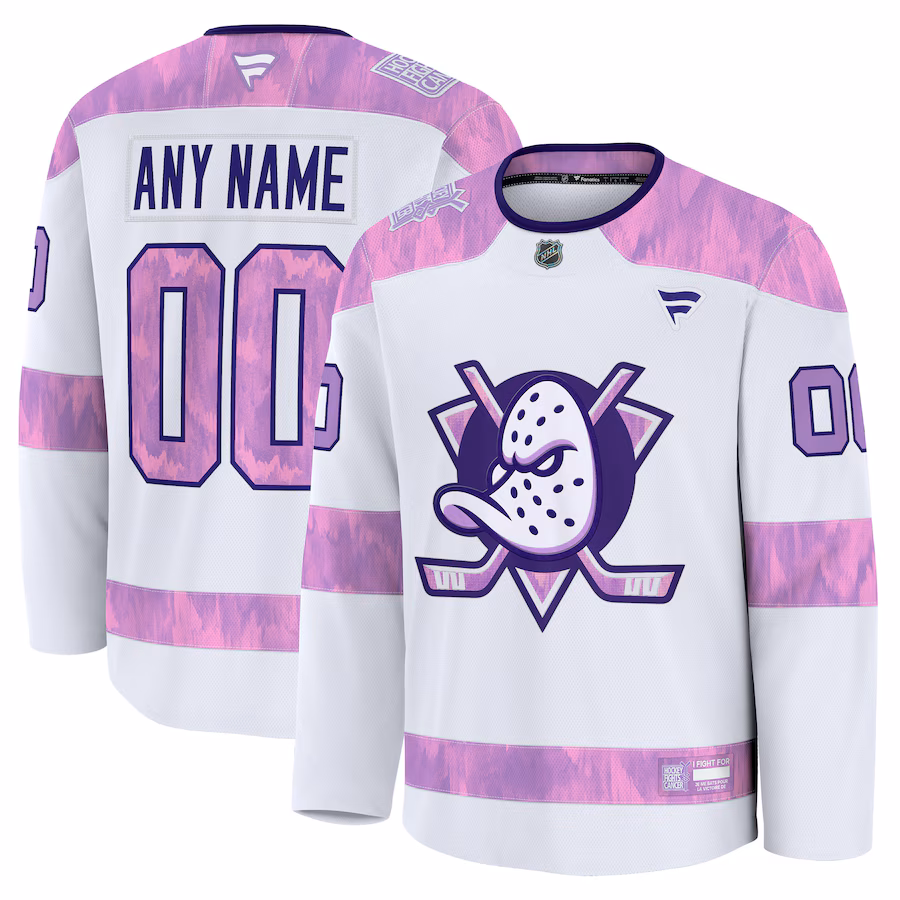 Men's Anaheim Ducks Fanatics White 2024 Hockey Fights Cancer Custom Practice Jersey