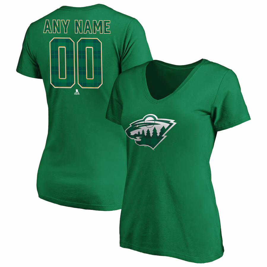 Women's Minnesota Wild Green Emerald Plaid Personalized Name & Number V-Neck T-Shirt