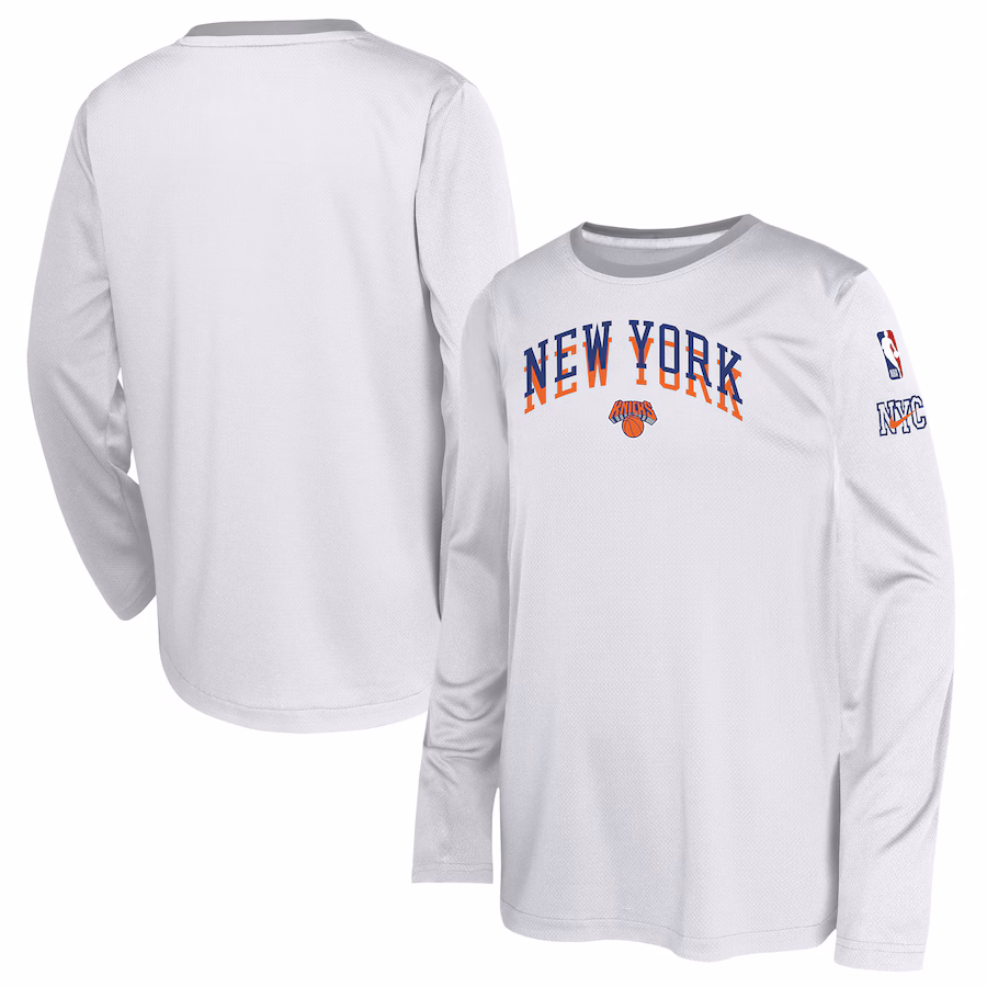 Youth New York Knicks  Nike White 2024/25 City Edition Pregame Performance Long Sleeve Shooting T-Shirt