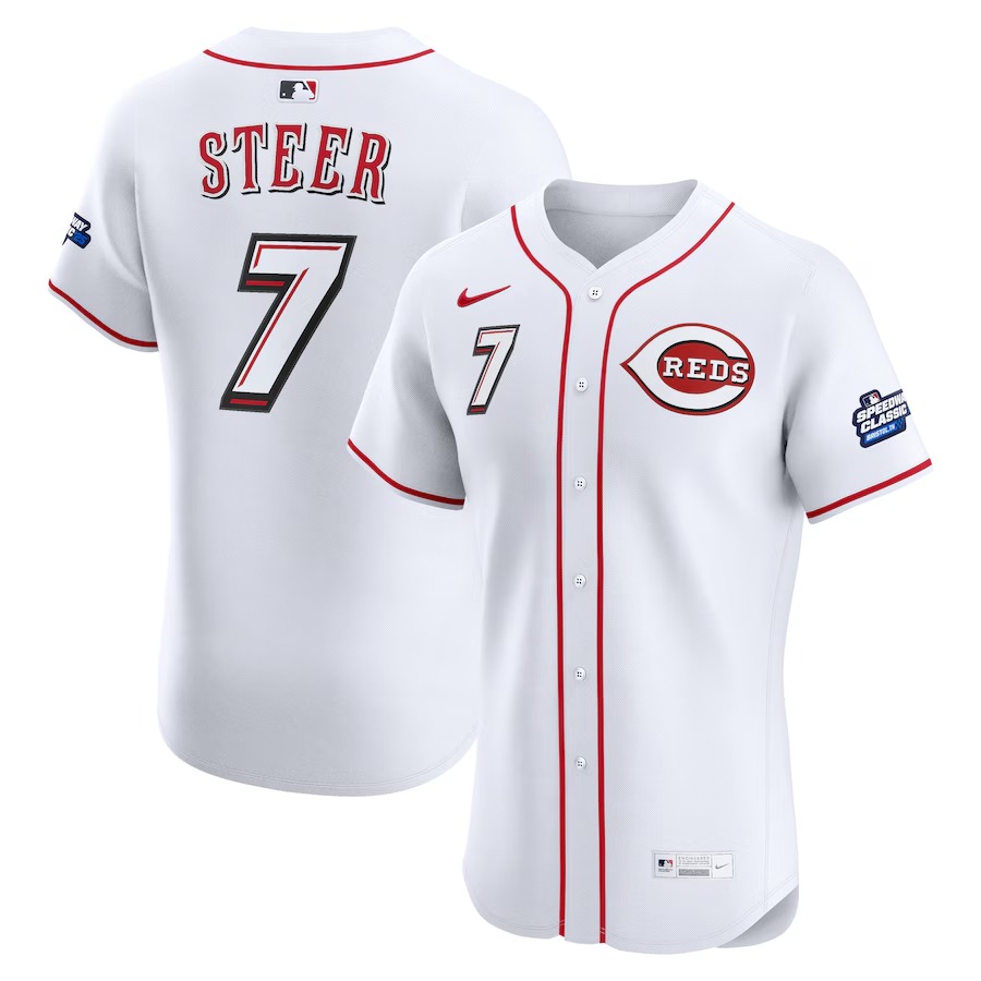 Men's Cincinnati Reds Spencer Steer Nike White 2025 MLB Speedway Classic Home Elite Player Jersey