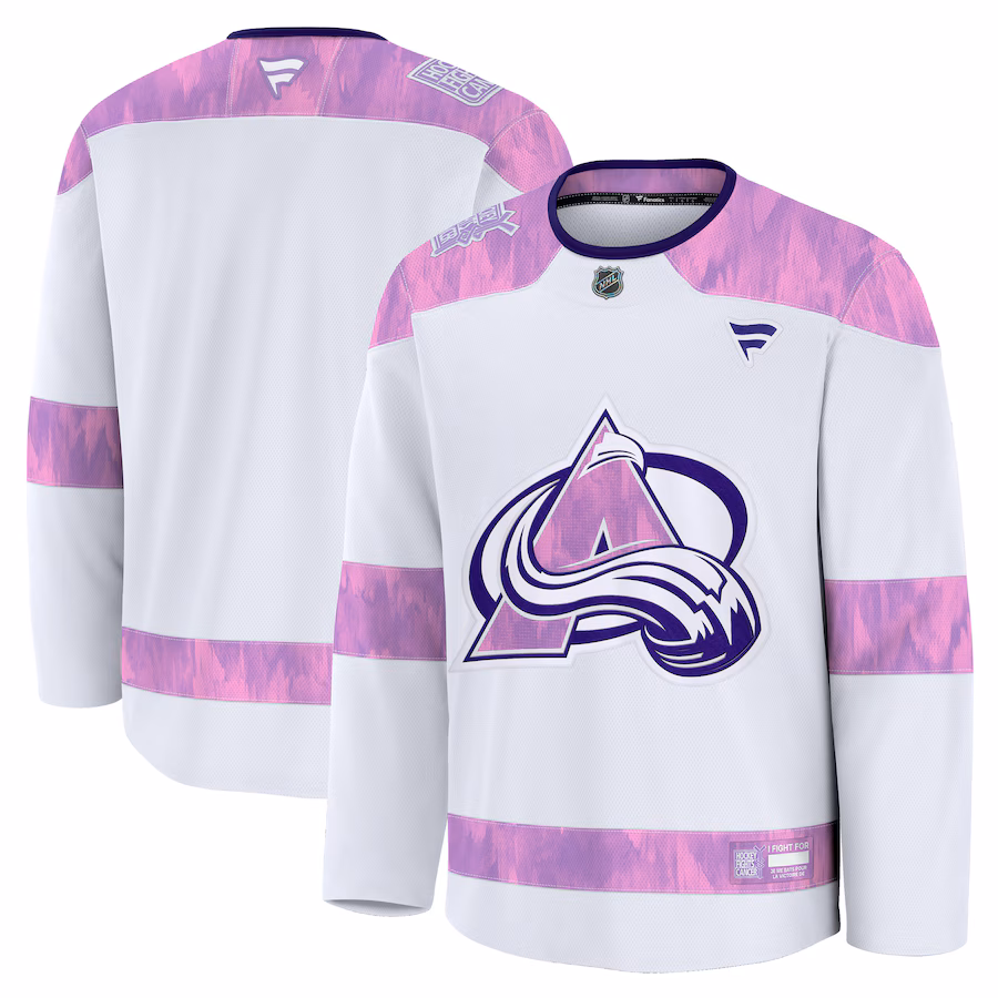 Men's Colorado Avalanche Fanatics White 2024 Hockey Fights Cancer Practice Jersey