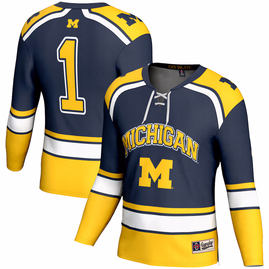 Men's GameDay Greats #1 Navy Michigan Wolverines Hockey Jersey