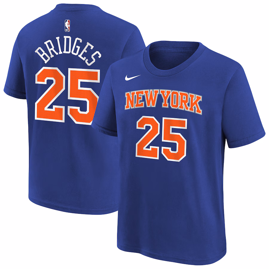 Youth New York Knicks Mikal Bridges Nike Blue Icon Name & Number T-Shirt