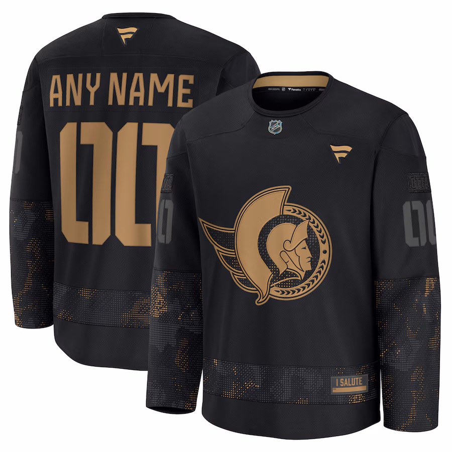 Men's Ottawa Senators Fanatics Black 2024 Military Appreciation Personalized Long Sleeve Practice Jersey