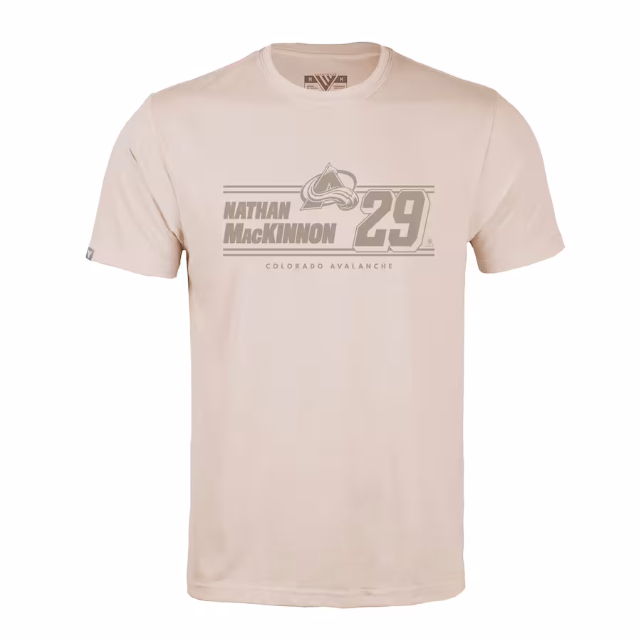 Men's Colorado Avalanche Nathan MacKinnon Levelwear Khaki Richmond Mileage Name & Number T-Shirt