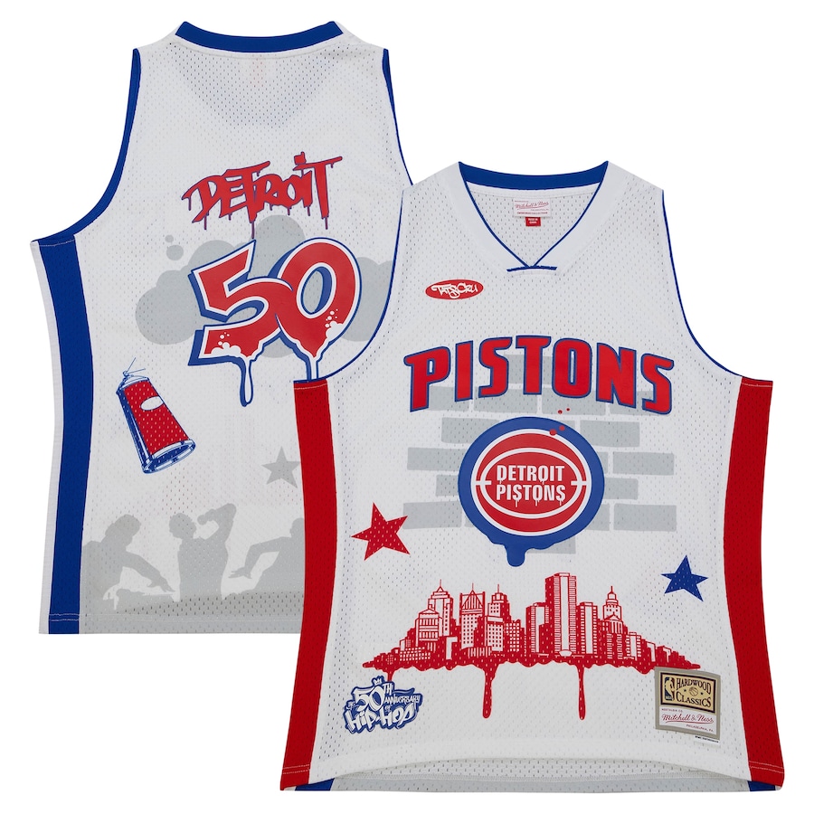 Men's Detroit Pistons Mitchell & Ness x Tats Cru White Hardwood Classics Fashion Jersey