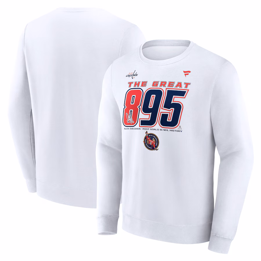Men's Washington Capitals Alexander Ovechkin Fanatics White NHL All-Time Leading Goal Scorer The Great 895 Fleece Pullover Sweatshirt